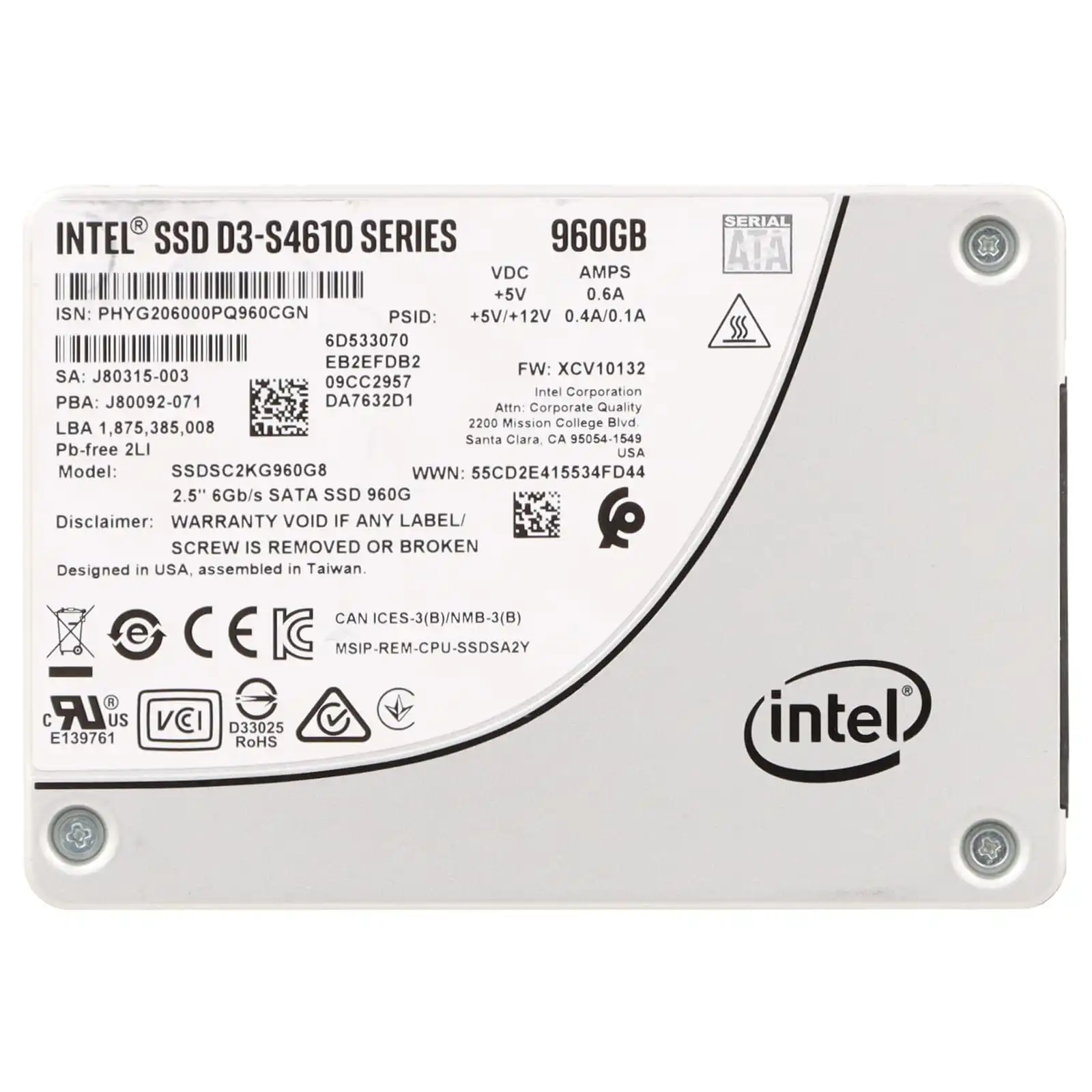 SSDSC2KG960G8 - Intel D3-S4610 Series 960GB SATA 6Gb/s 2.5" SSD